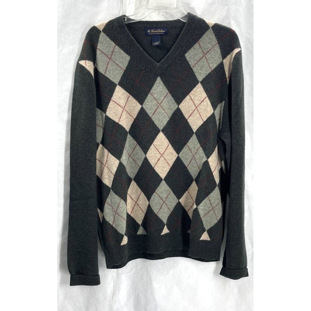 Brooks Brothers Men's Gray Multicolor Plaid Lambswool Sweater Sz L